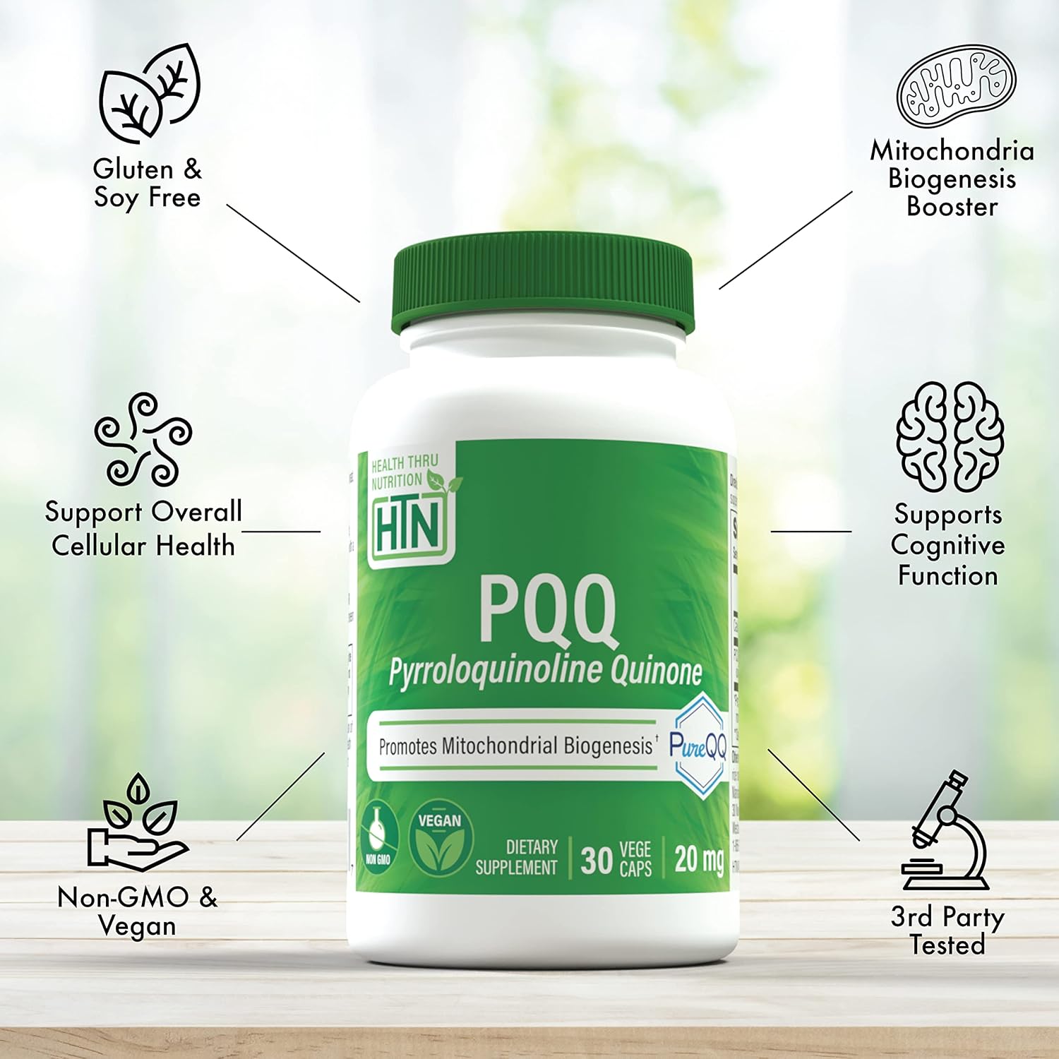 Health Thru Nutrition PQQ 20mg 30 Servings Pyrroloquinoline Quinone as PureQQ | Promotes Mitochondrial Biogenesis | Certified Vegan | Non-GMO Gluten Soy Free Capsules| Clean Label PQQ Supplement