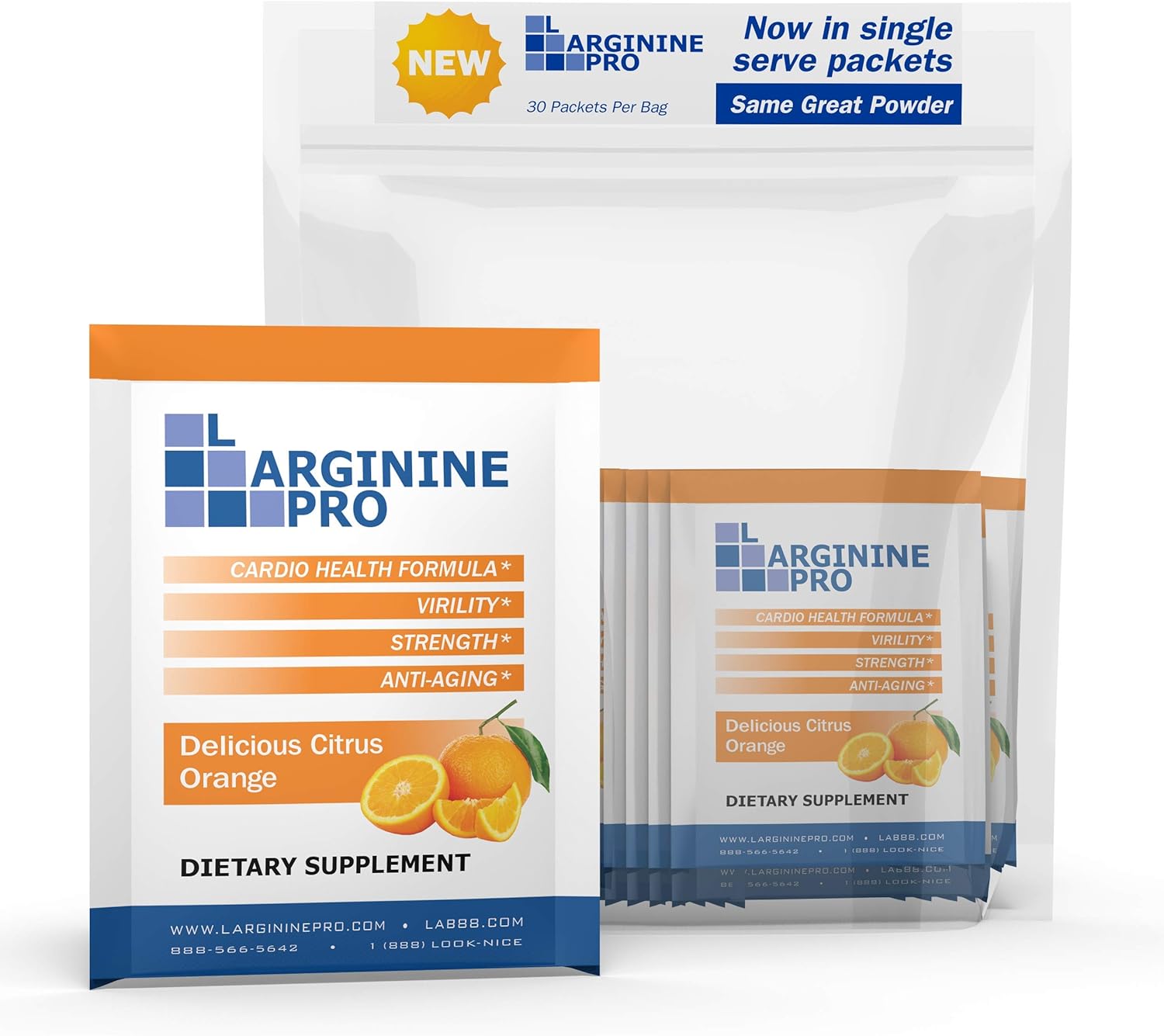 L-ARGININE PRO Supplement Powder | 30 Packets Single Serve Travel Size | 5,500mg of L-arginine Plus 1,100mg L-Citrulline, Orange