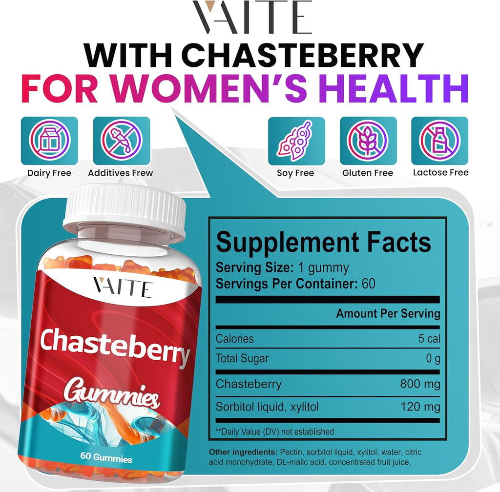 Chasteberry Supplement for Women Gummies - Vegan Chewable Supplements for Balance Women's Hormone Support, Herbal Plant-Based Chews, Gelatin-Free, Non-GMO, Gluten-Free, 60 Vegan Chewables