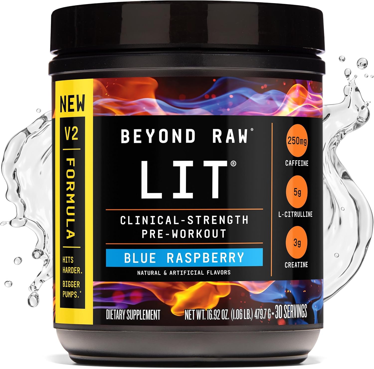 BEYOND RAW LIT V2 Clinical Strength Pre Workout Powder, Hits Harder, Bigger Pumps, Caffeine, L-Citrulline, Creatine, Blue Raspberry, 30 Servings
