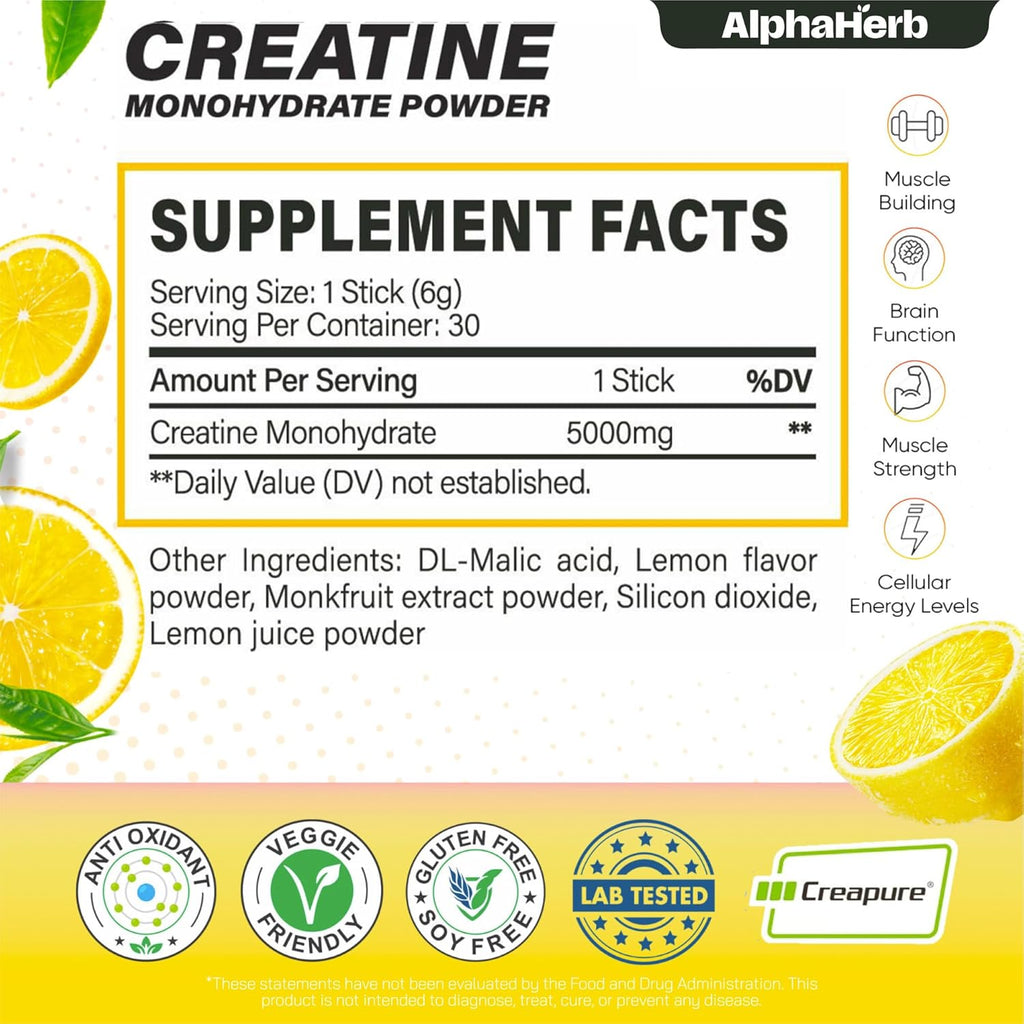 Creatine Monohydrate Powder – Creapure® German-Sourced, Lemon Flavour, 30 Stick Creatine Packs, 5000mg Each | No Sugar, No Fillers, Gluten-Free