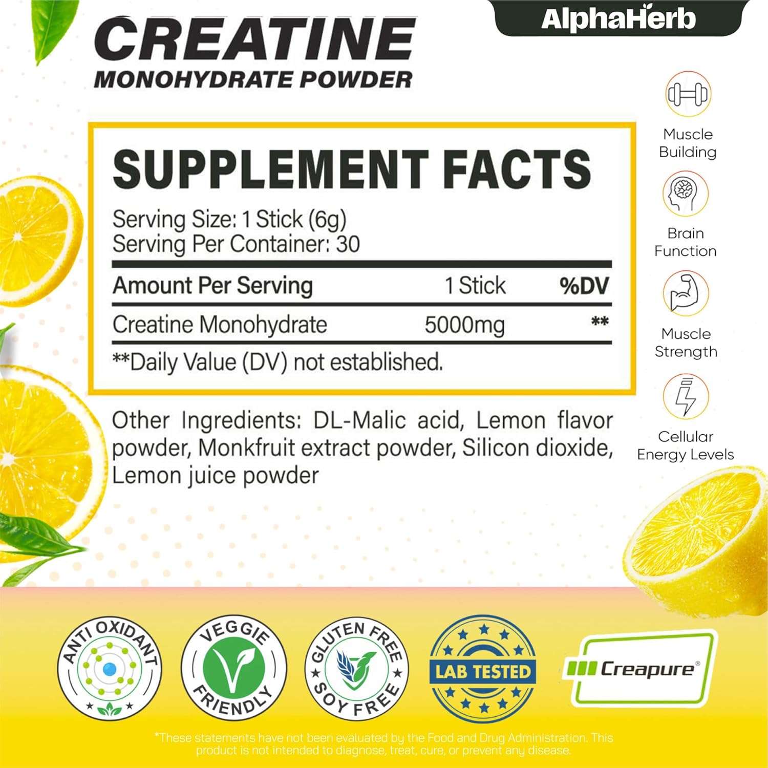 Creatine Monohydrate Powder – Creapure® German-Sourced, Lemon Flavour, 30 Stick Creatine Packs, 5000mg Each | No Sugar, No Fillers, Gluten-Free