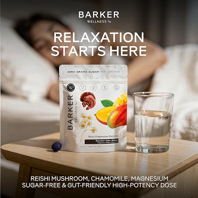 Barker Wellness Magnesium Relax Gummies | Advanced Stress & Muscle Tension Relief | Promotes Calm & Relaxation with Reishi Mushroom & Chamomile | Vegan, Sugar-Free, Tropical Mango | 60 Gummies