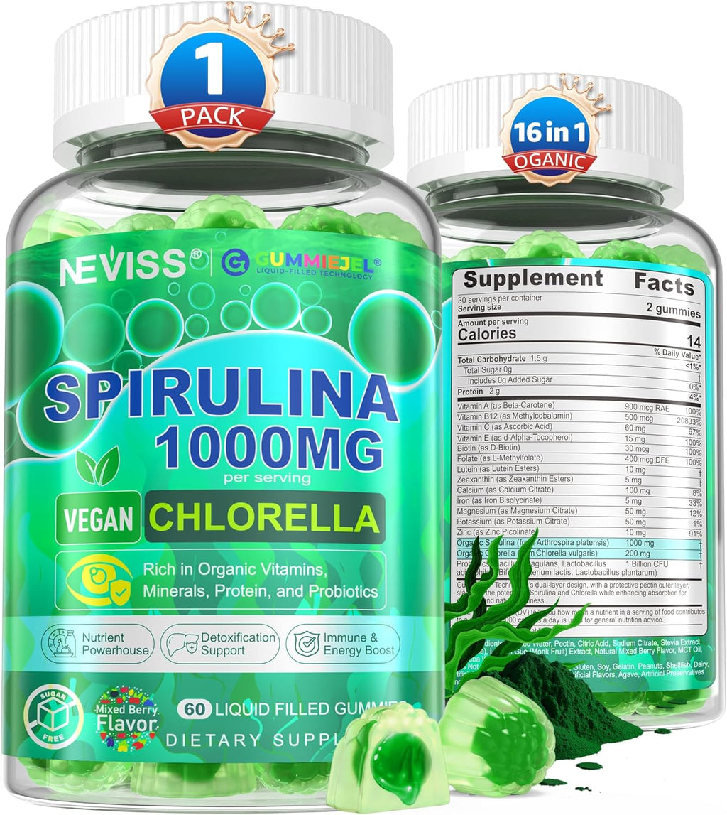 Organic Spirulina Chlorella Gummies, Super Greens with Powerful Antioxidants & Excellent Rich in Chlorophyll, Vegan Protein, Essential Amino Acids & Minerals – Cellular, Energy & Immunity, 60 Cts