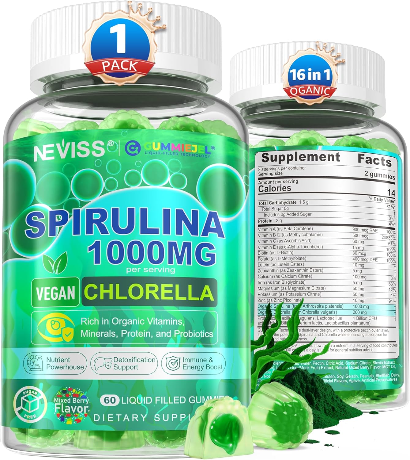 Organic Spirulina Chlorella Gummies, Super Greens with Powerful Antioxidants & Excellent Rich in Chlorophyll, Vegan Protein, Essential Amino Acids & Minerals – Cellular, Energy & Immunity, 60 Cts