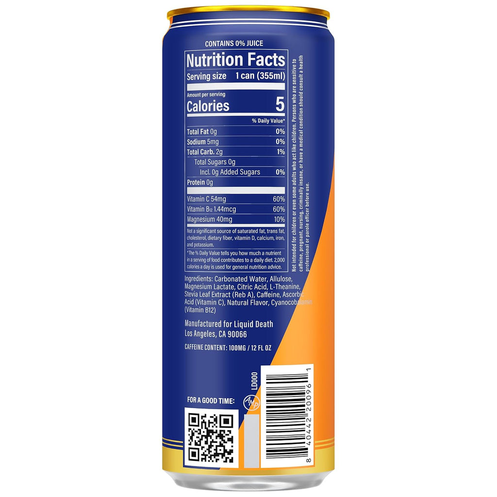 Liquid Death Sparkling Energy - Orange Horror (Orange and Cream Flavor), Sugar-Free Energy Drink, Unextreme Caffeine 100mg, B Vitamins, 12 Fl Oz (Pack of 12)