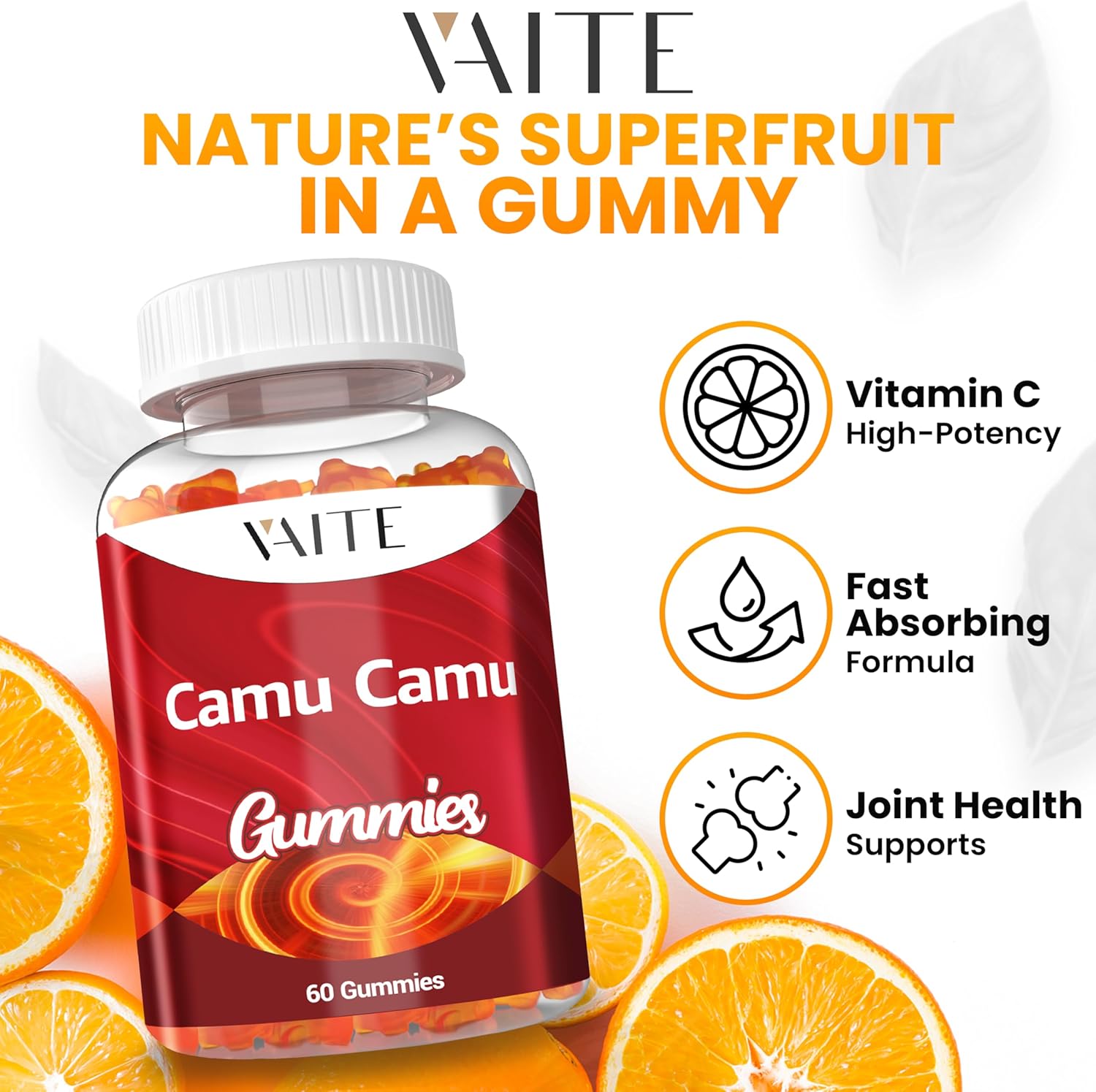 Camu Camu Vitamin C Gummies for Skin and Hair – Antioxidant-Rich, Vegan, Gluten-Free Supplement for Immune Support, Energy Boost, and Collagen – 60 Chewables for Active Men and Women