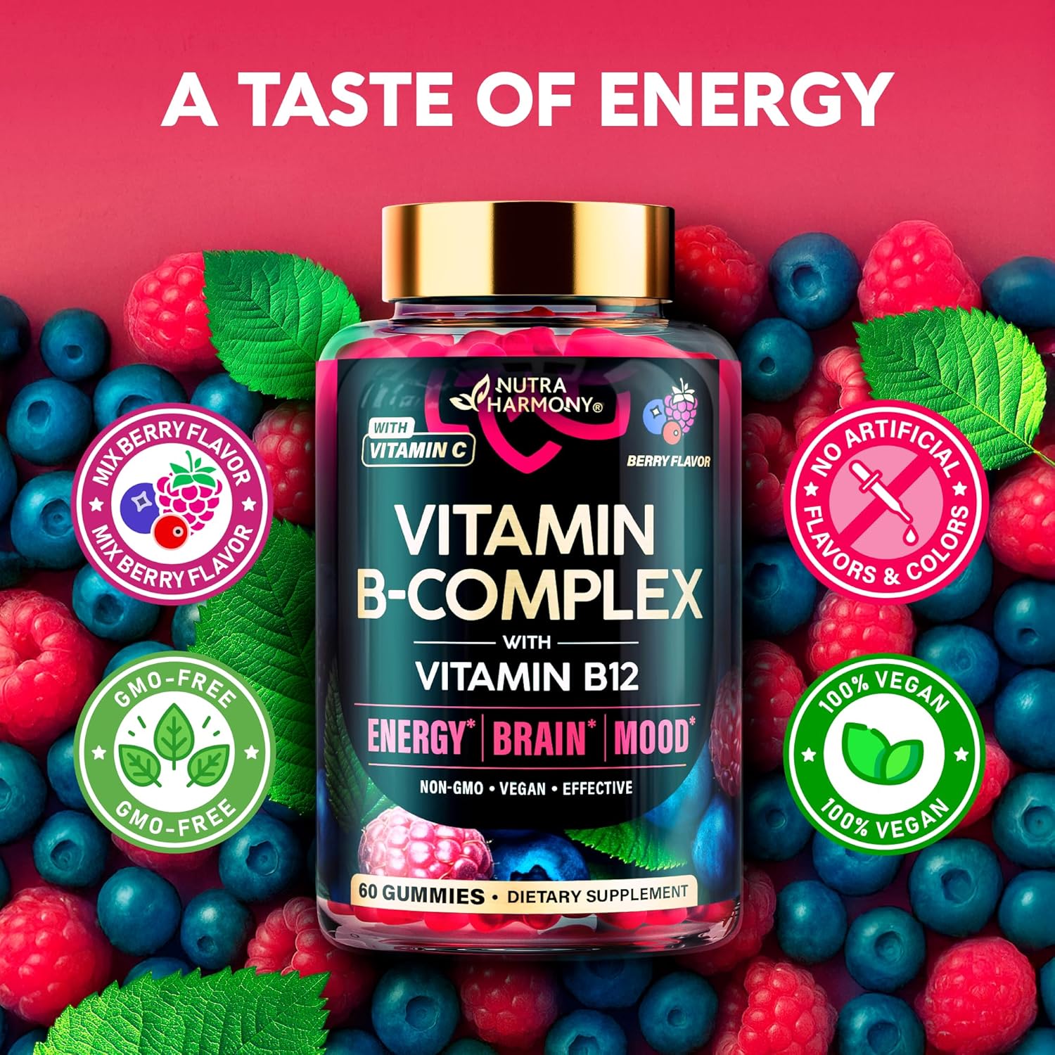 Vitamin B-Complex Gummies for Women & Men - Vitamin B12, B1, B2, B3, B5, B6, B7 & B9 - B Complex with Vitamin C & Choline - Energy, Brain & Mood - Natural Berry Flavor, Vegan - 60 Gummies 2 Pack