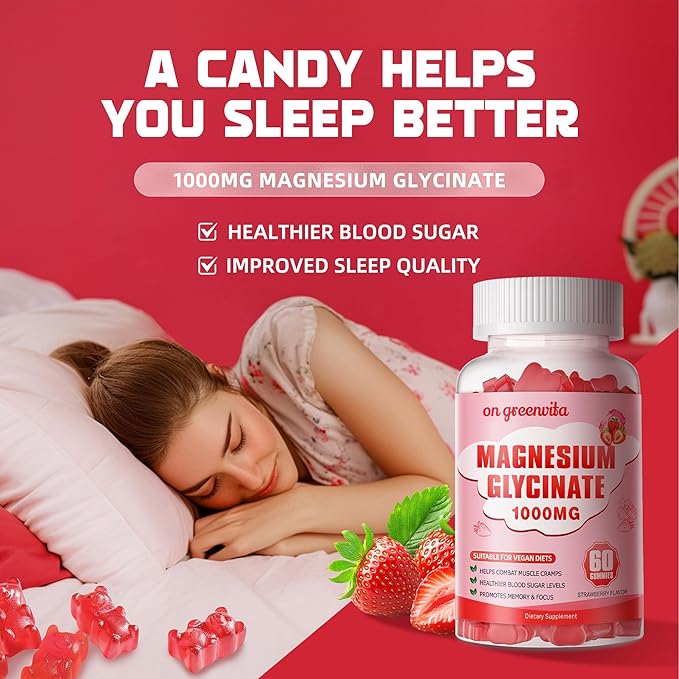 Magnesium Glycinate Gummies 1000mg - Sugar Free Magnesium Potassium Supplement with Vitamin D, B6, CoQ10 for Calm Mood & Sleep Support - 120 Strawberry Gummies 2 Pack