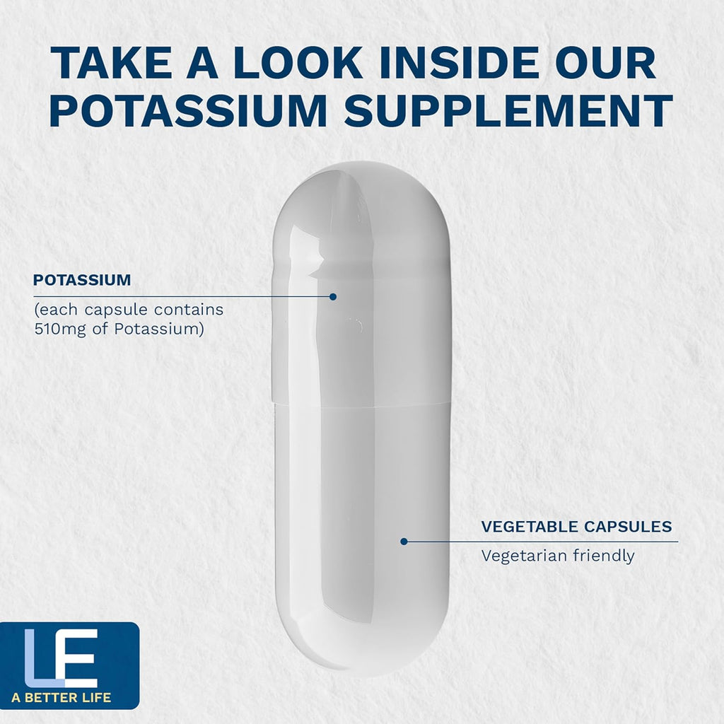 Life Enhancement High Absorption Potassium Supplement for Muscle, Brain & Bone Health - No Additives High Potency Elemental Potassium Supplement is Made in USA (240 Capsules – 120 Servings)