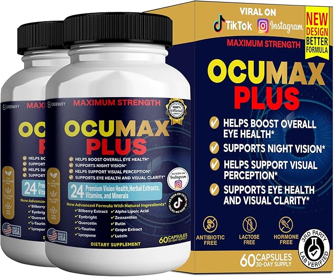 Ocumax Plus Vision Support Supplement, 60 Capsules, with 24 Premium Herbal Extracts and Vitamins, Maximum Strength Eye Health Formula (2)