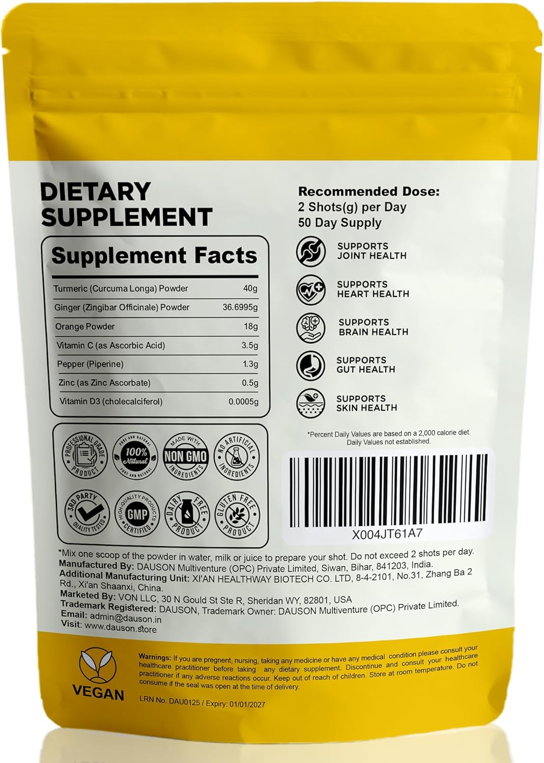 Turmeric Ginger Supplements with Piperine, Vitamin C, Vitamin D3 & Zinc | Turmeric Ginger Shots for Joint, Heart, Brain, Gut & Skin Health | 100 Servings | Ayurvedic | Powder