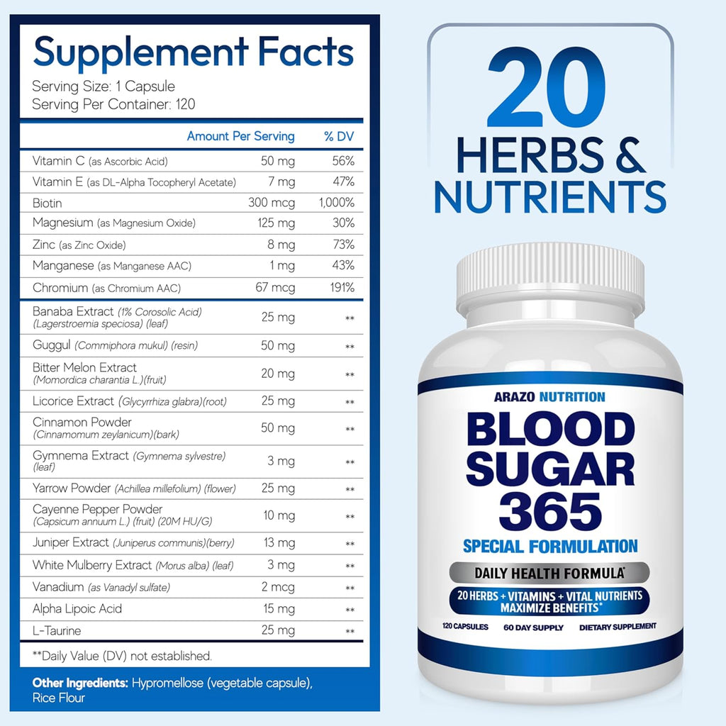 Arazo Nutrition Blood Sugar 365 Supplement – Supports Healthy Energy Levels - 120 Herbal Pills - 60 Day Supply (Pack of 2)