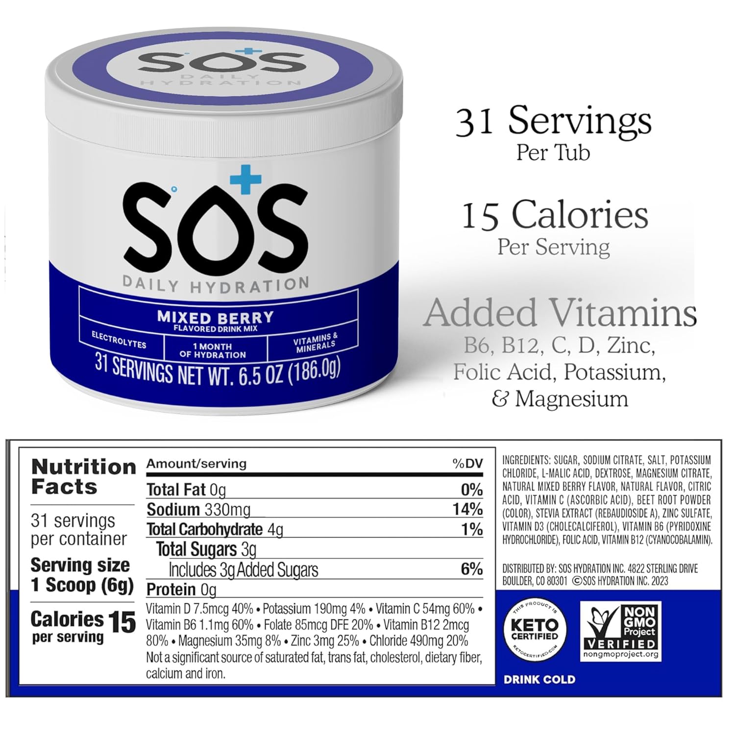 SOS Hydration ORS Electrolyte Powder Stick Packs | Oral Rehydration Solution | Low Sugar | Rapid Rehydration | Made in USA | Keto | Mixed Berry | 31 Servings