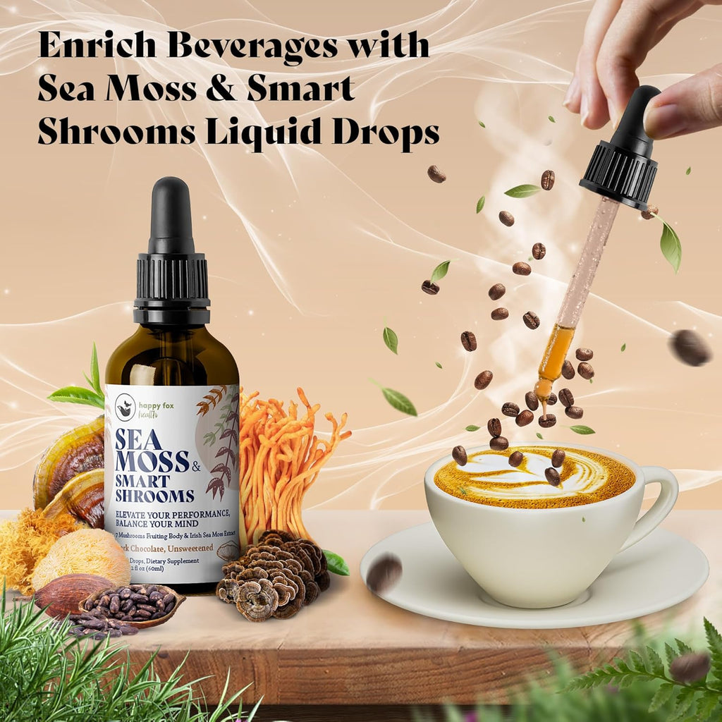 HAPPY FOX Irish Sea Moss Liquid Drops & Mushroom Tincture - Seamoss with 7 Adaptogenic Mushroom Extracts for Cognitive Support & Gut Health, Mushroom Coffee Elixir, Dark Chocolate Flavor