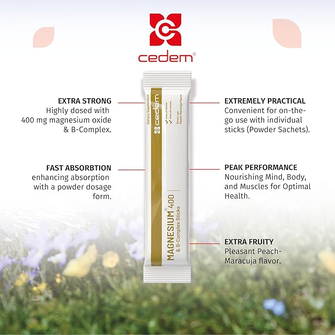 Switzerland Magnesium 400mg Sticks, Peach Flavor, Direct Use on Tongue Without Liquid with Vitamins B, Support Muscle & Bone Health, Improve Energy, Gluten & Lactose-Free 20 Sticks (Sachets)