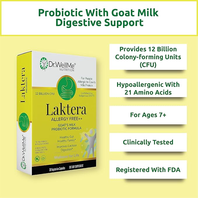 Dr. WellMe Laktera Allergy-Free Probiotics – 30 Capsules, 12B CFU Goat’s Milk Probiotic Formula, Immune & Gut Health Supplements – Low Lactose, Gluten-Free for Adults & 7+ Children