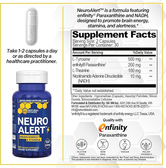 NATURAL STACKS NeuroAlert - 200mg Paraxanthine Energy Supplement - Caffeine Free Focus w/ 500mg L-Tyrosine & 100mg L-Theanine - 10mg NADH for Cellular Energy Support - 60 Paraxanthine Capsules