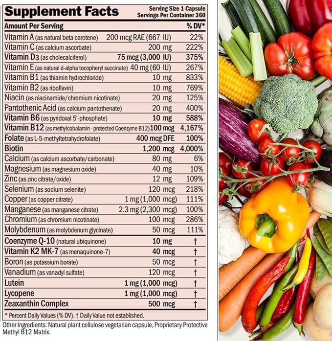 ANDREW LESSMAN Essential-1 nuonce max Multivitamin 3000 IU Vitamin D3 30 Small Capsules. 100 mcg Methyl B12. CoQ10 Lutein Lycopene Zeaxanthin. High Potency. No Additives. Ultra-Mild One Daily Capsule