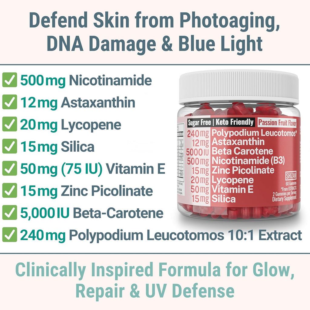 Astaxanthin Polypodium Leucotomos Zinc Picolinate Lycopene Vitamin E B3 Nicotinamide Silica Gummies 500-mg 12-mg 20-mg 24-mg 30-mg 15-mg 50-mg 5-mg Astaxantina Asthantaxin Caroten Carotin Supplement