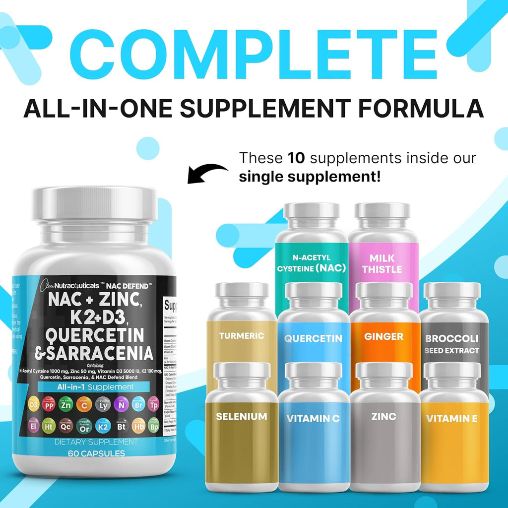 Clean Nutraceuticals NAC Supplement N-Acetyl Cysteine Vitamin D3 K2 Zinc Quercetin Sarracenia Purpurea with Elderberry Holy Basil Bee Propolis Bromelain L-Lysine (2)