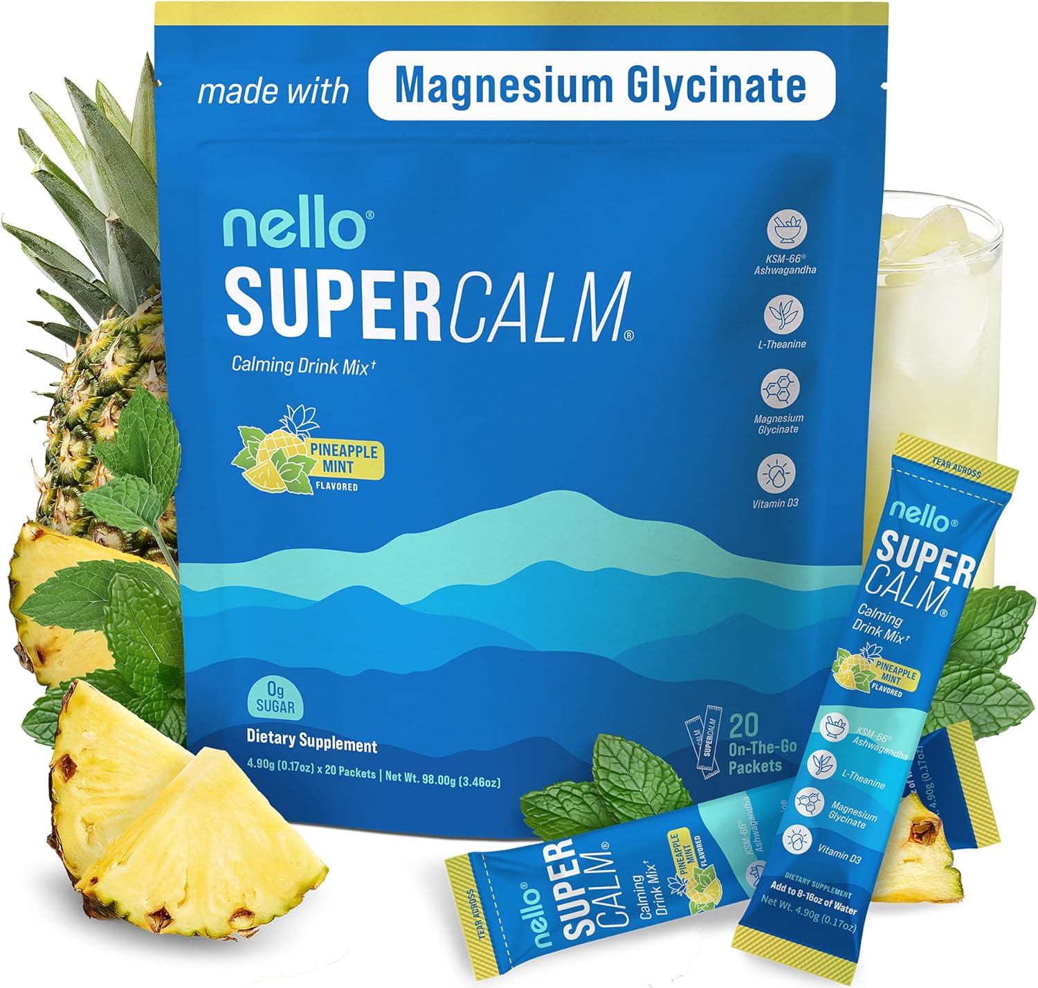 Supercalm Drink Mix – Ashwagandha KSM-66, Magnesium Glycinate, L-Theanine, Vitamin D3 – Pineapple Mint Flavor (20 Travel Packets)