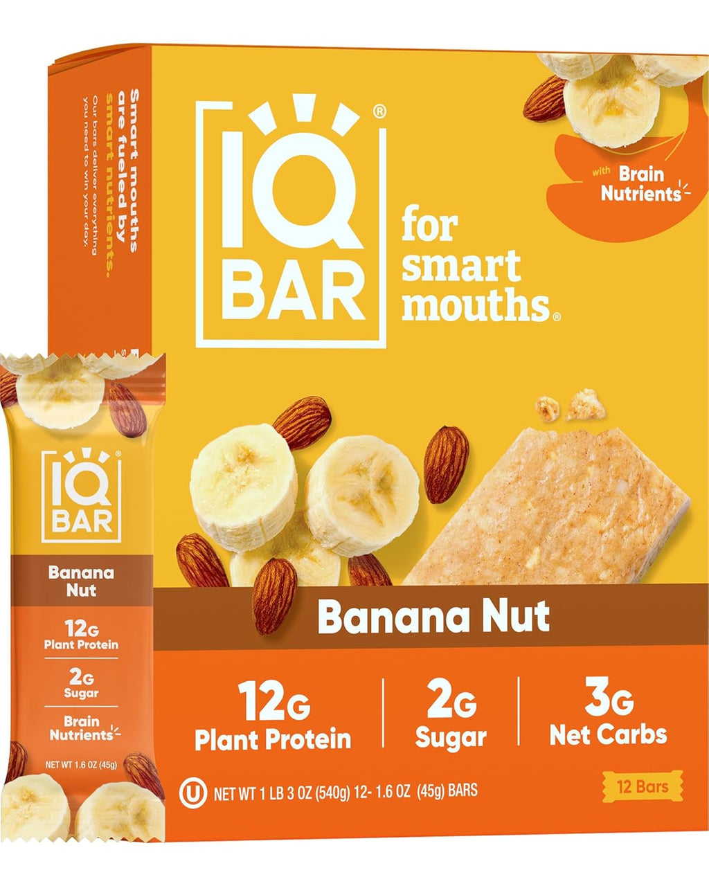 IQBAR Brain and Body Plant Protein Bars Banana Nut 12 Count - Keto, Vegan, Low Carb, High Fiber, Gluten Free, Dairy Free, Low Sugar Snack