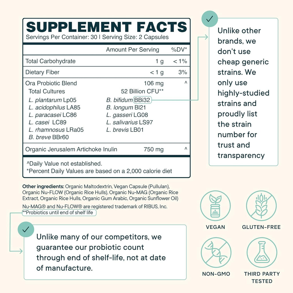 Ora Organic Probiotics with Prebiotics - 52 Billion CFU 11 Clinically Studied Strains for Digestive Health, Trust Your Gut, Gluten Free, 60 Capsules