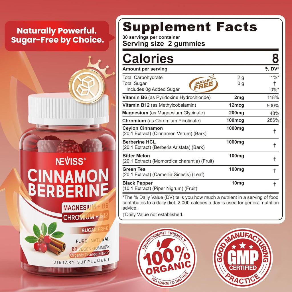 Organic Ceylon Cinnamon Berberine Supplement Gummies Sugar Free Berberine HCl Complex Gummy, Berberine with Ceylon Cinnamon, Bitter Melon, Chromium & Magnesium Glycinate, Vitamin B6 & B12, Vegan, 60ct
