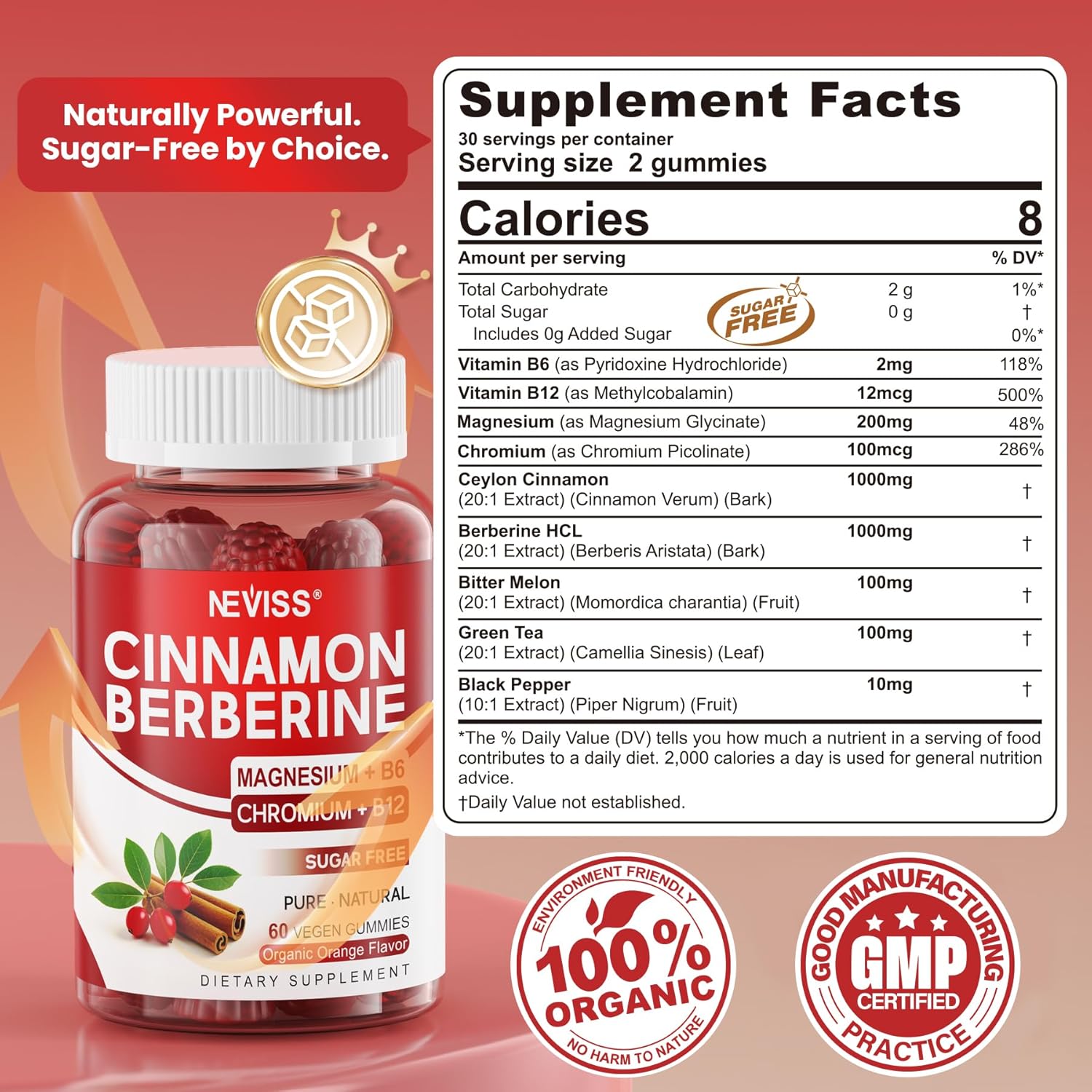 Ceylon Cinnamon Berberine Gummies 2000mg Sugar Free, Organic Berberine HCI Supplement with Ceylon Cinnamon, Bitter Melon, Green Tea, Chromium, Magnesium Glycinate & Methyl B12 for Women & Men, 120ct