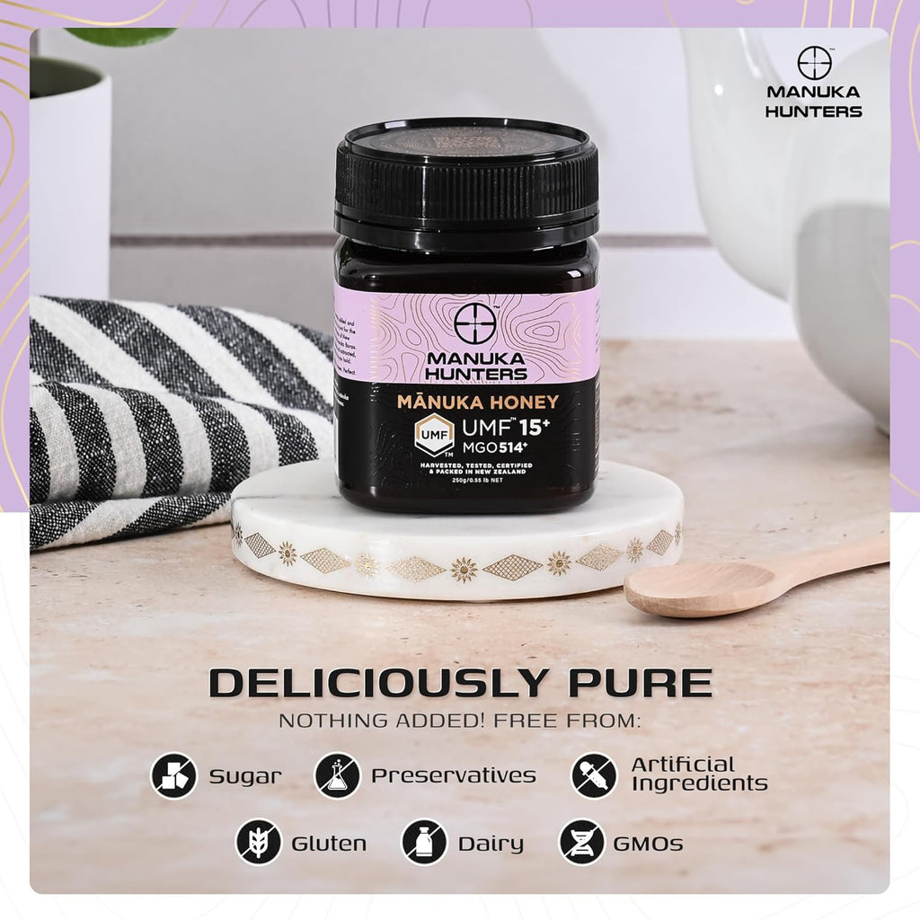 Manuka Hunters UMF 15+/MGO 514+ Certified New Zealand Manuka Honey - 100% Pure Natural Sweetener - Gluten, Dairy Free - Ideal for Tea, Coffee, Smoothies, and Baking - Sustainable - 8.8oz/250g Jar