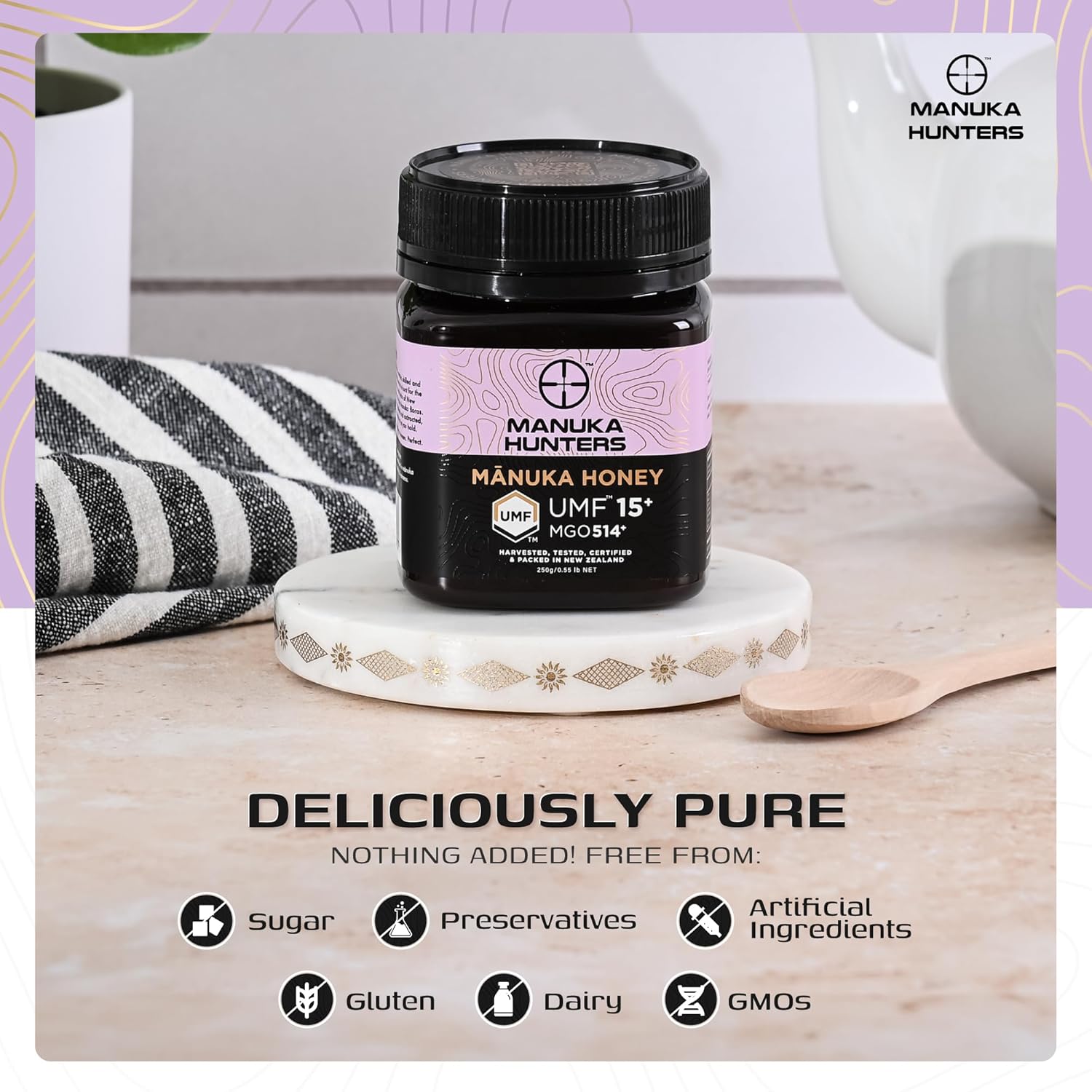 Manuka Hunters UMF 15+/MGO 514+ Certified New Zealand Manuka Honey - 100% Pure Natural Sweetener - Gluten, Dairy Free - Ideal for Tea, Coffee, Smoothies, and Baking - Sustainable - 8.8oz/250g Jar