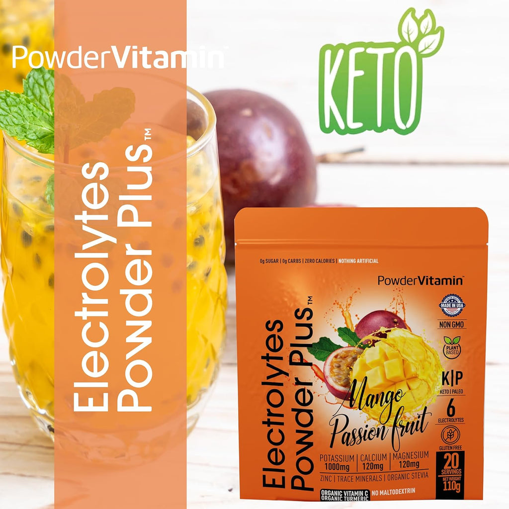 PowderVitamin Electrolytes Powder Plus (20 Servings) Mango Passionfruit Electrolyte Powder Zero Calorie Keto,0 Sugar,No Maltodextrin,1000mg Potassium,120mg Calcium,120mg Magnesium, Pink Himalayan Salt