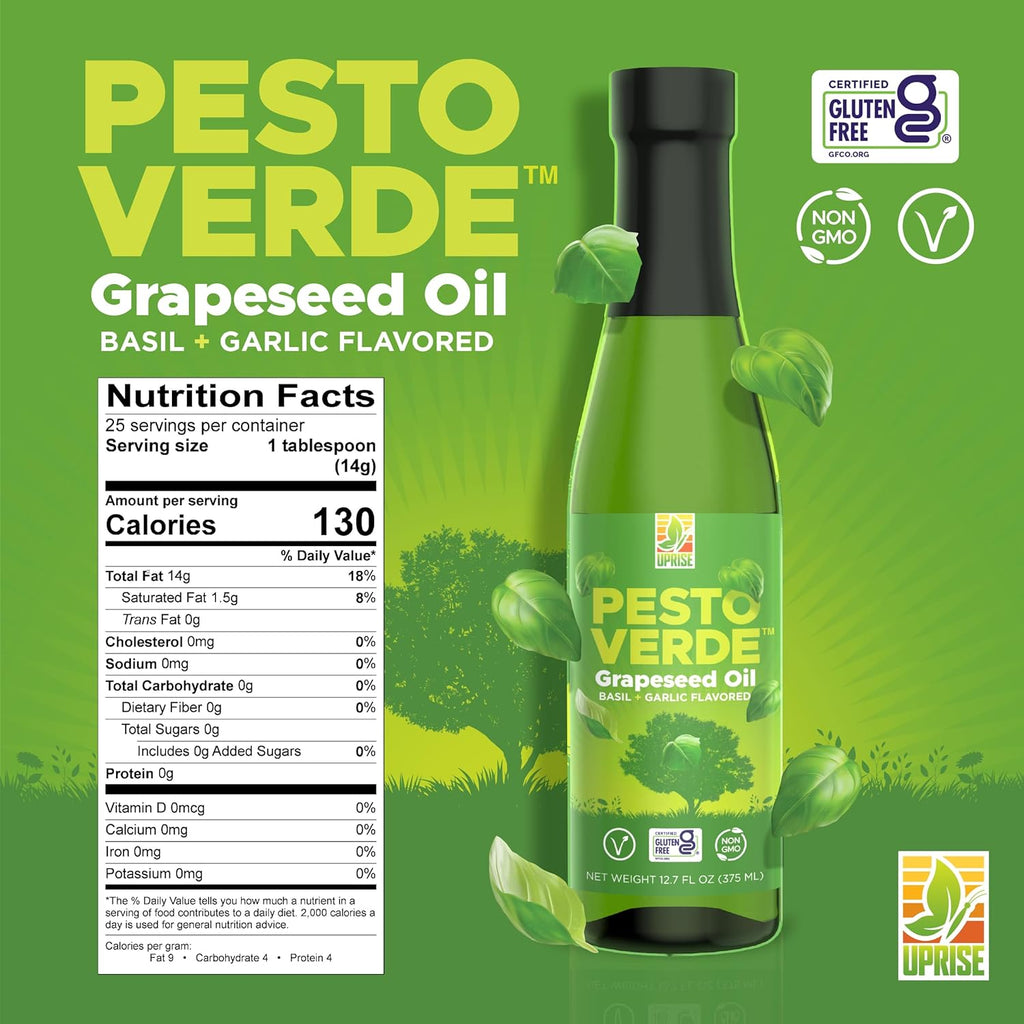 Pesto Verde Grapeseed Oil – 12.7 oz Glass Bottle | Pesto Flavored Basil Oil for Pasta, Roasting, and Vegetables | High Smoke Point | Plant-Based, Non-GMO, Gluten-Free, Heart-Healthy Cooking Support