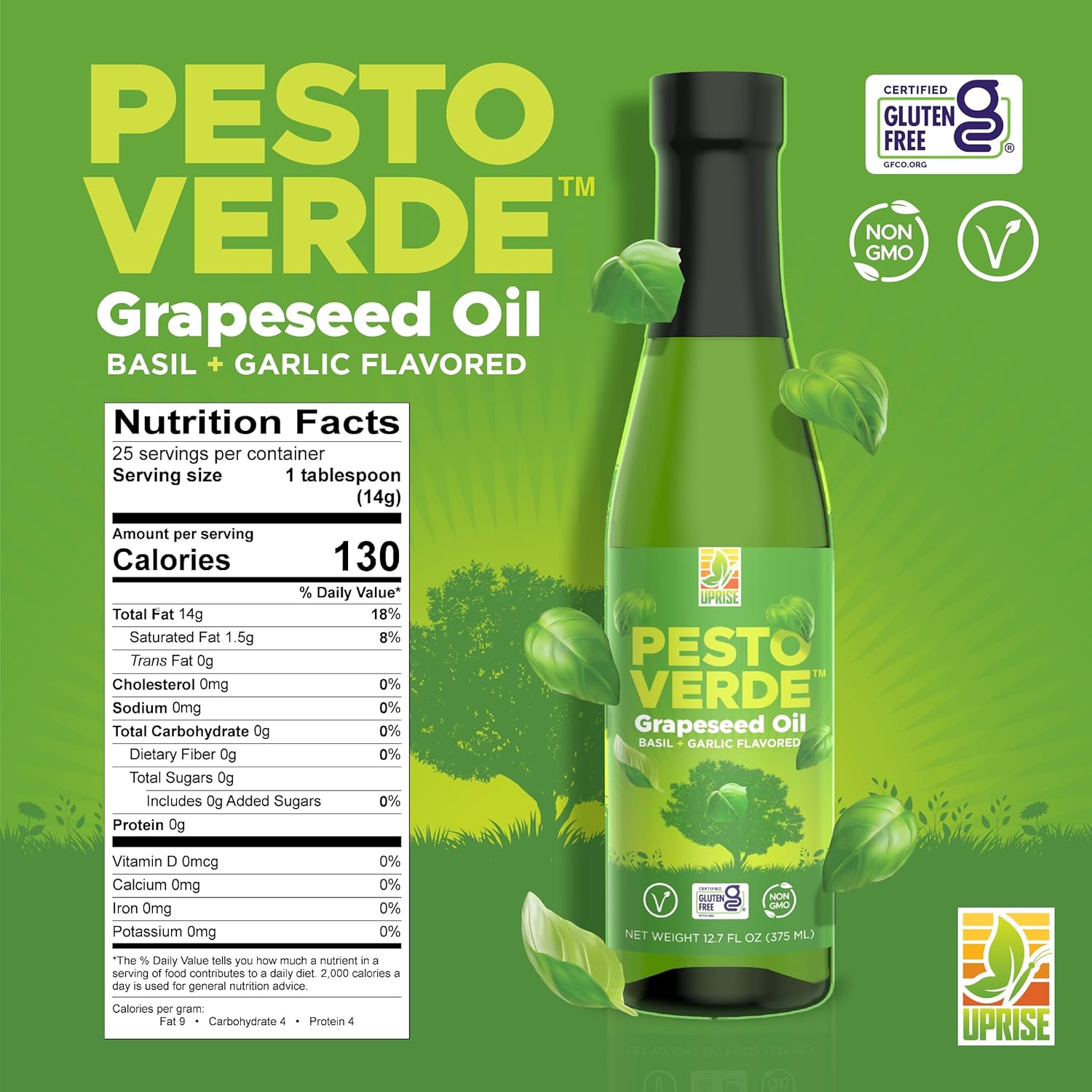 Pesto Verde Grapeseed Oil – 12.7 oz Glass Bottle | Pesto Flavored Basil Oil for Pasta, Roasting, and Vegetables | High Smoke Point | Plant-Based, Non-GMO, Gluten-Free, Heart-Healthy Cooking Support