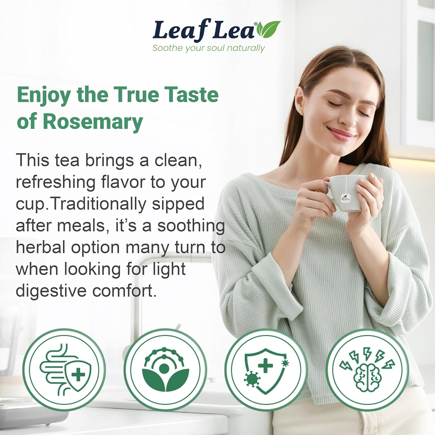 LeafLea 40 Premium Rosemary Tea Bags from 100% Natural Rosemary Leaves, Herbal Tea for Gentle Digestive Comfort, Te De Romero Earthy Taste & Light Aroma, Caffeine-Free, Sugar-Free, Non-GMO