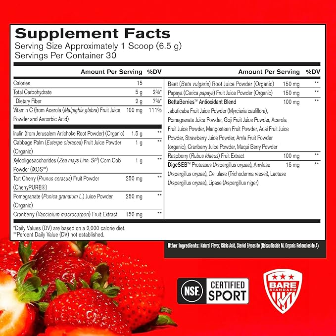 BARE PERFORMANCE NUTRITION, BPN Strong Reds Superfood Powder, Digestive Enzymes, Antioxidants, Improved Natural Energy, 30 Servings, Strawberry