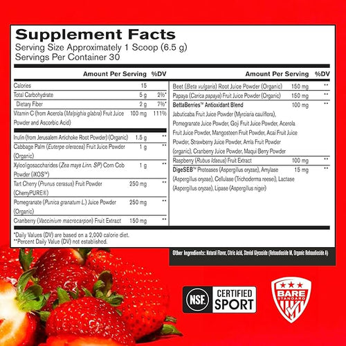 BARE PERFORMANCE NUTRITION, BPN Strong Reds Superfood Powder, Digestive Enzymes, Antioxidants, Improved Natural Energy, 30 Servings, Strawberry