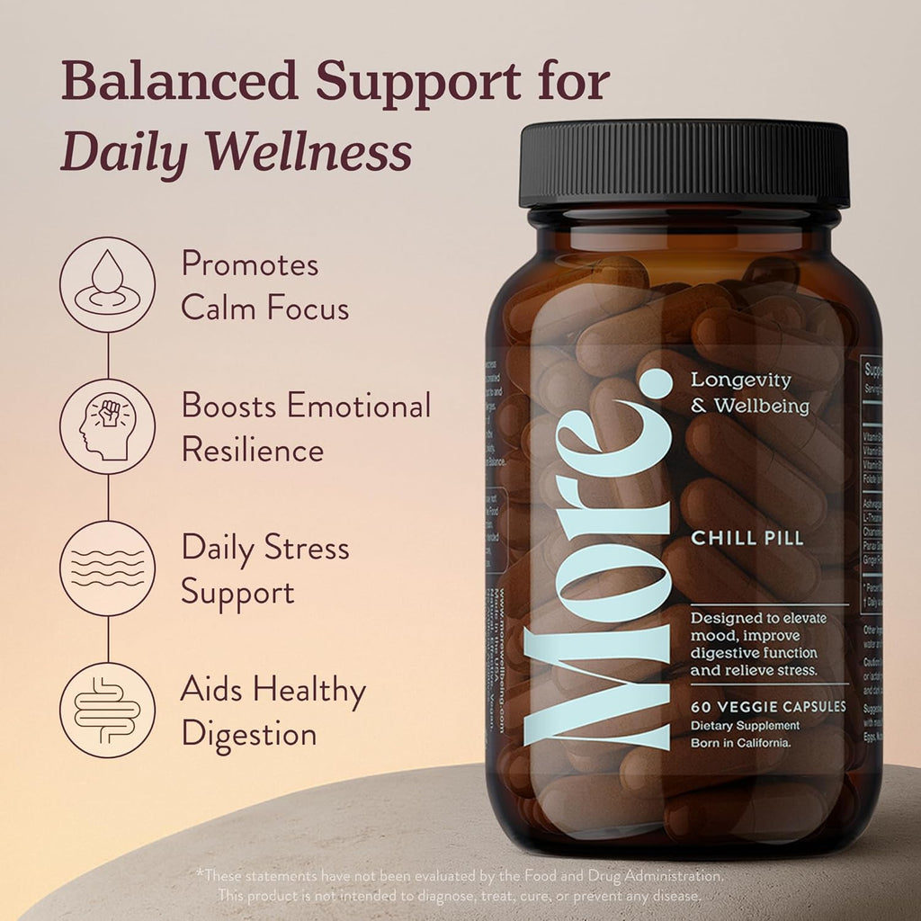 More. Longevity & Wellbeing Chill Pill – Mood Support Supplement with Adaptogens, Ashwagandha, Antioxidants, Amino Acid & Plant Extracts for Stress Support & Digestion – Made in USA, 60 Capsules
