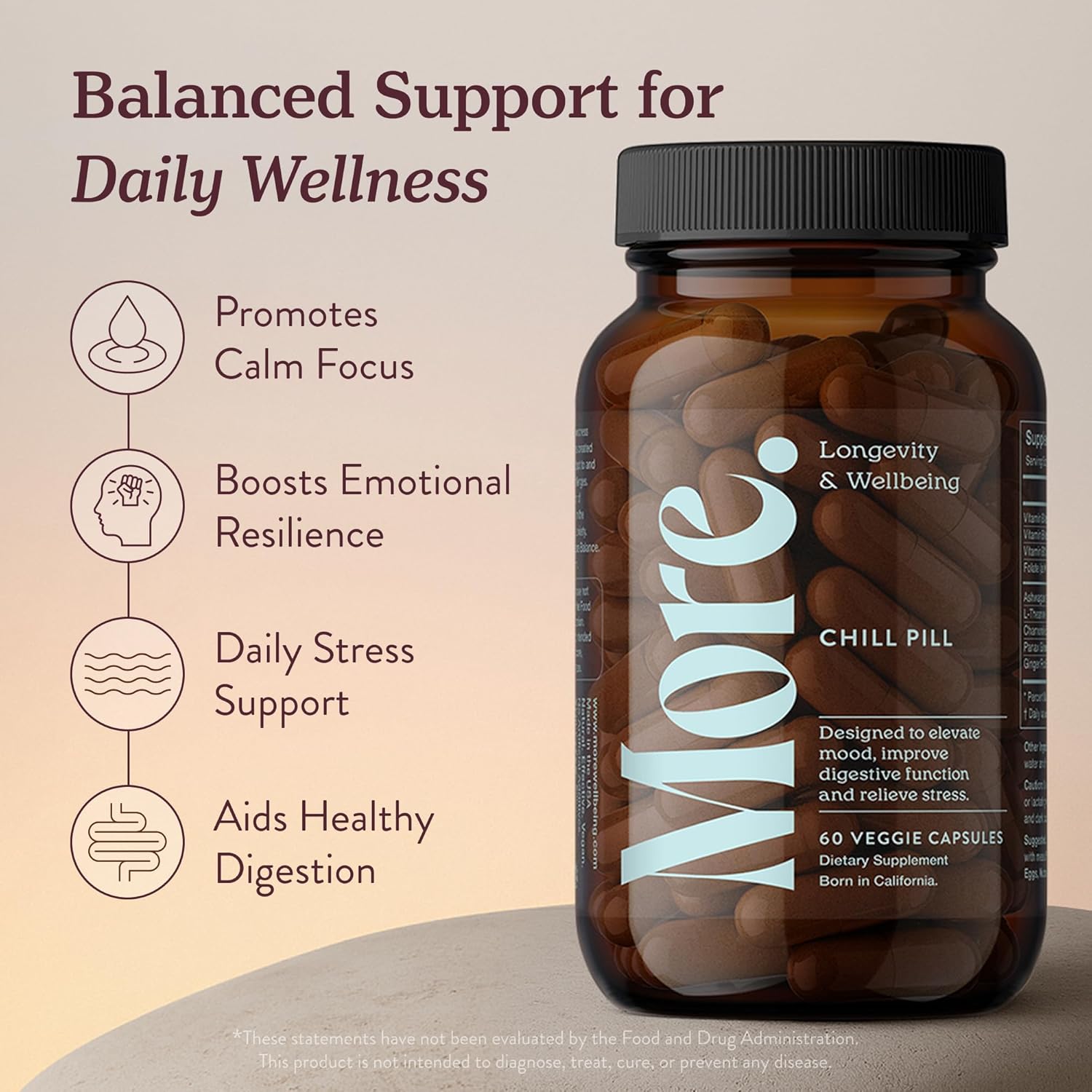 More. Longevity & Wellbeing Chill Pill – Mood Support Supplement with Adaptogens, Ashwagandha, Antioxidants, Amino Acid & Plant Extracts for Stress Support & Digestion – Made in USA, 60 Capsules