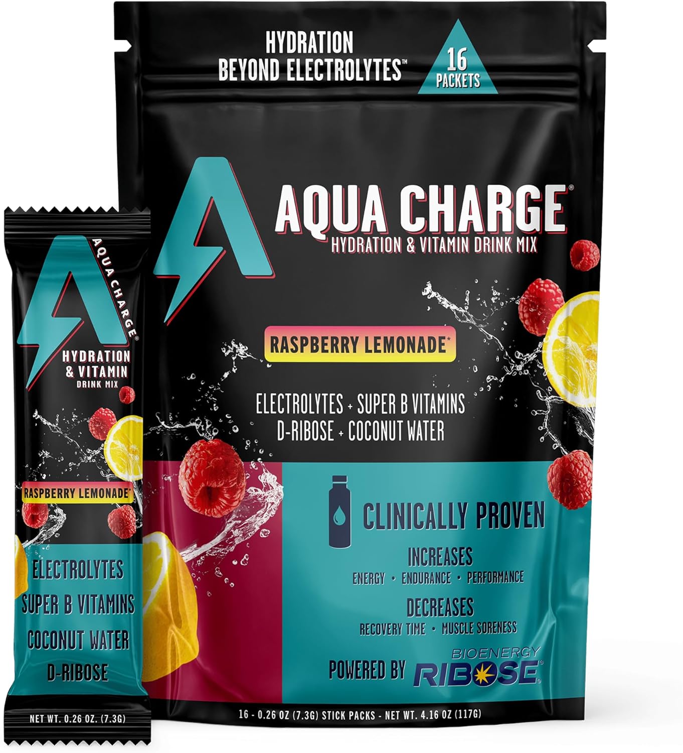 Grab The Gold Aqua Charge Electrolytes Drink Mix | Naturally Flavored Sugar-Free, Hydration Drinks with B Vitamins | Vegan, Gluten-Free, Non-GMO | Raspberry Lemonade - 16 Packs