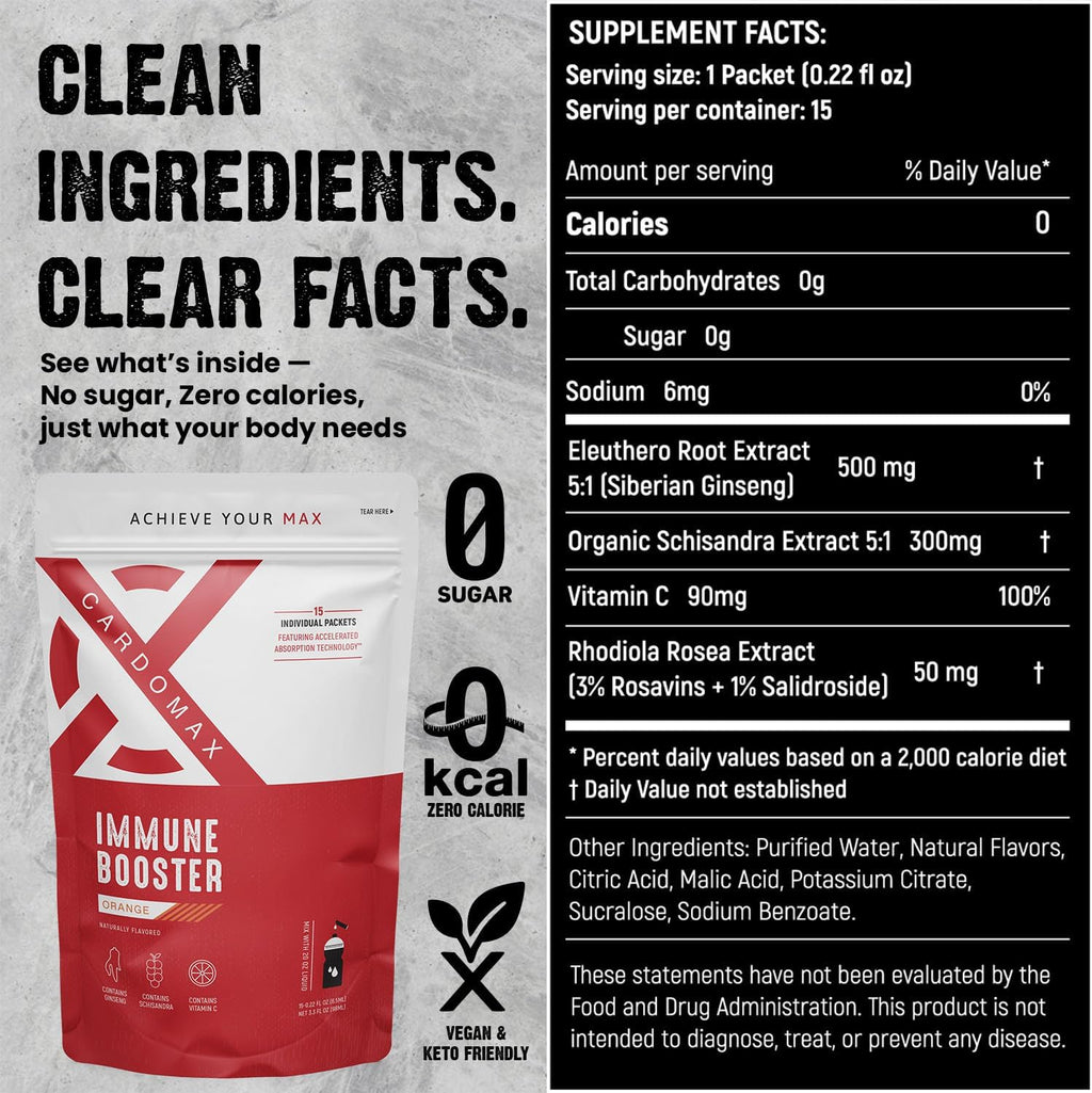 CardoMax Immunity Booster Liquid Drink Mix with Ginseng and Vitamin C for Kids and Adults, Immune Support Supplement for Energy and Wellness, Orange Flavor, 15 Single-Serve Liquid Stick Packs