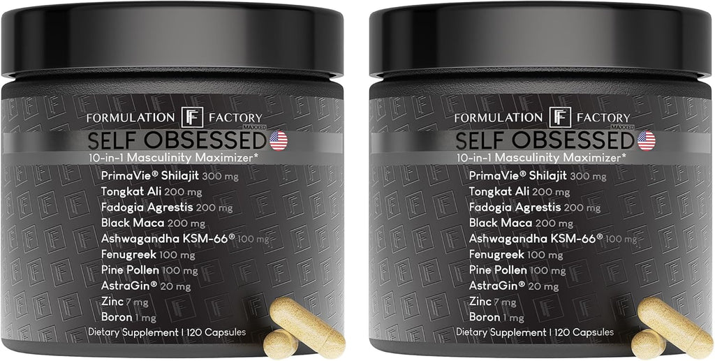 Formulation Factory Self Obsessed MAXXED 10-in-1 Men’s Vitality Supplement with Shilajit, Tongkat Ali, Ashwagandha, Maca, Fadogia, Fenugreek, Zinc, Boron & AstraGin® – 4 Month (Pack of 2)