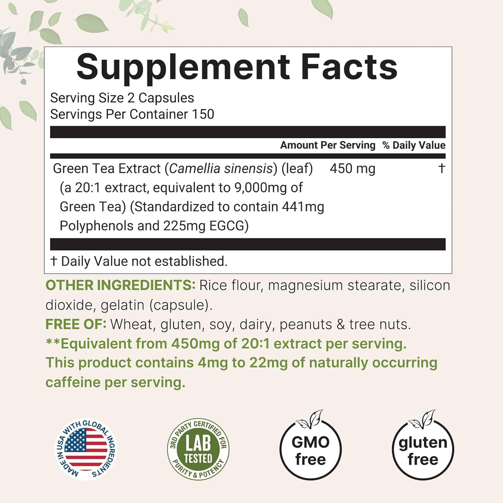 Extra Strength Green Tea Extract 9,000mg, 300 Capsules | 50% EGCG, 98% Polyphenols | 5 Month Supply | Maximum Potency Polyphenols Antioxidant Supplement for Skin, Energy, Brain & Heart Support