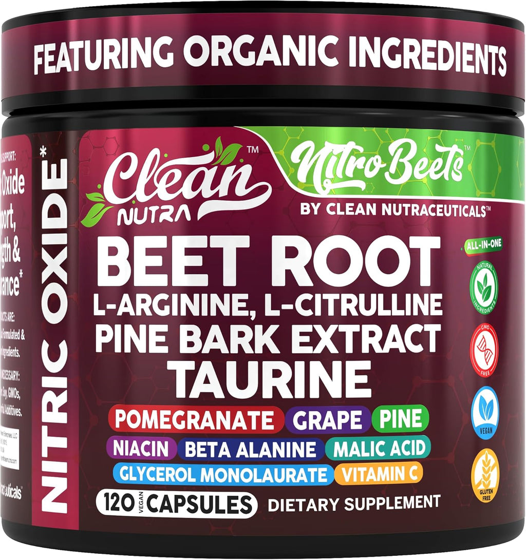 Clean Nutra Organic Beet Root Capsules L Arginine L Citrulline Pine Bark Nitric Oxide Beetroot Powder Arginine Citrulline Supplement Pre Workout Supplements Extract – 120 Vegan Pills