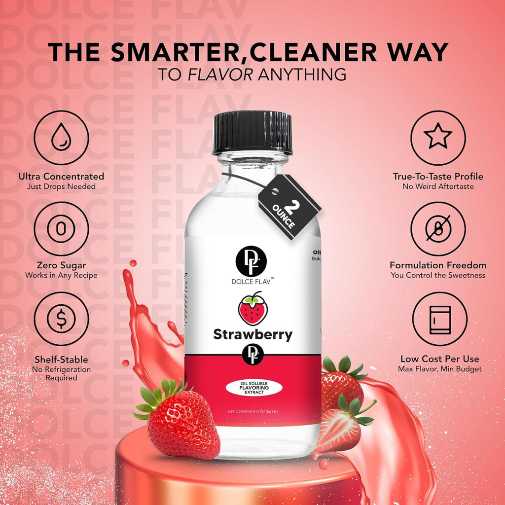 Dolce Flav Strawberry Extract – 2 Ounce Oil-Soluble Kosher, Sugar-Free, Concentrated Berry Flavor for Candy, Chocolates & Desserts, Includes Measured Dropper, Pack of 2