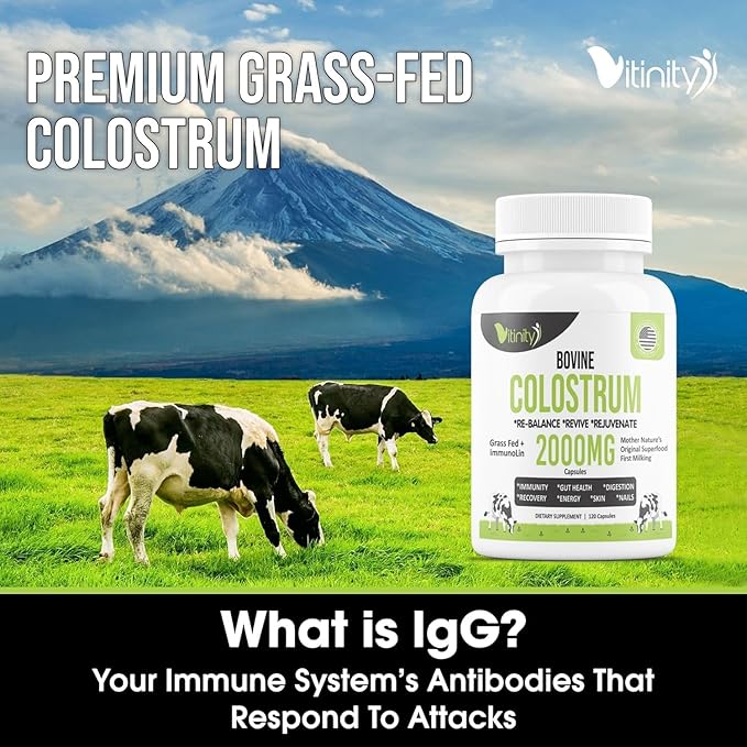 VITINITY Grass Fed Bovine Colostrum Capsules for Humans - Natural IgG Colostrum Supplement for Gut Health, Immune Support, Muscle Recovery & Wellness | Pure Colostrum Superfood, Unflavored (120 Count)