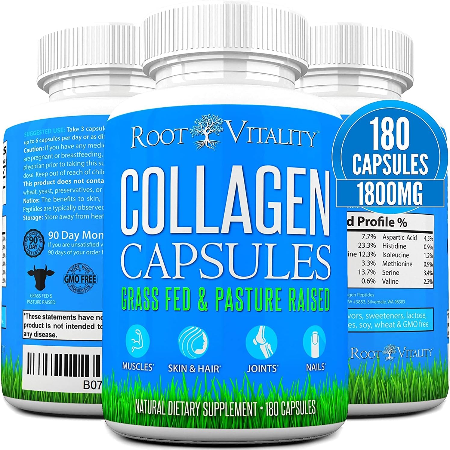 Root Vitality Collagen Peptides Capsules - Grass-Fed, Pasture-Raised Hydrolyzed Protein Supplement for Skin, Hair, & Nails - Non-GMO, Zero Sugar Daily Pills for Men & Women (180 Capsules)