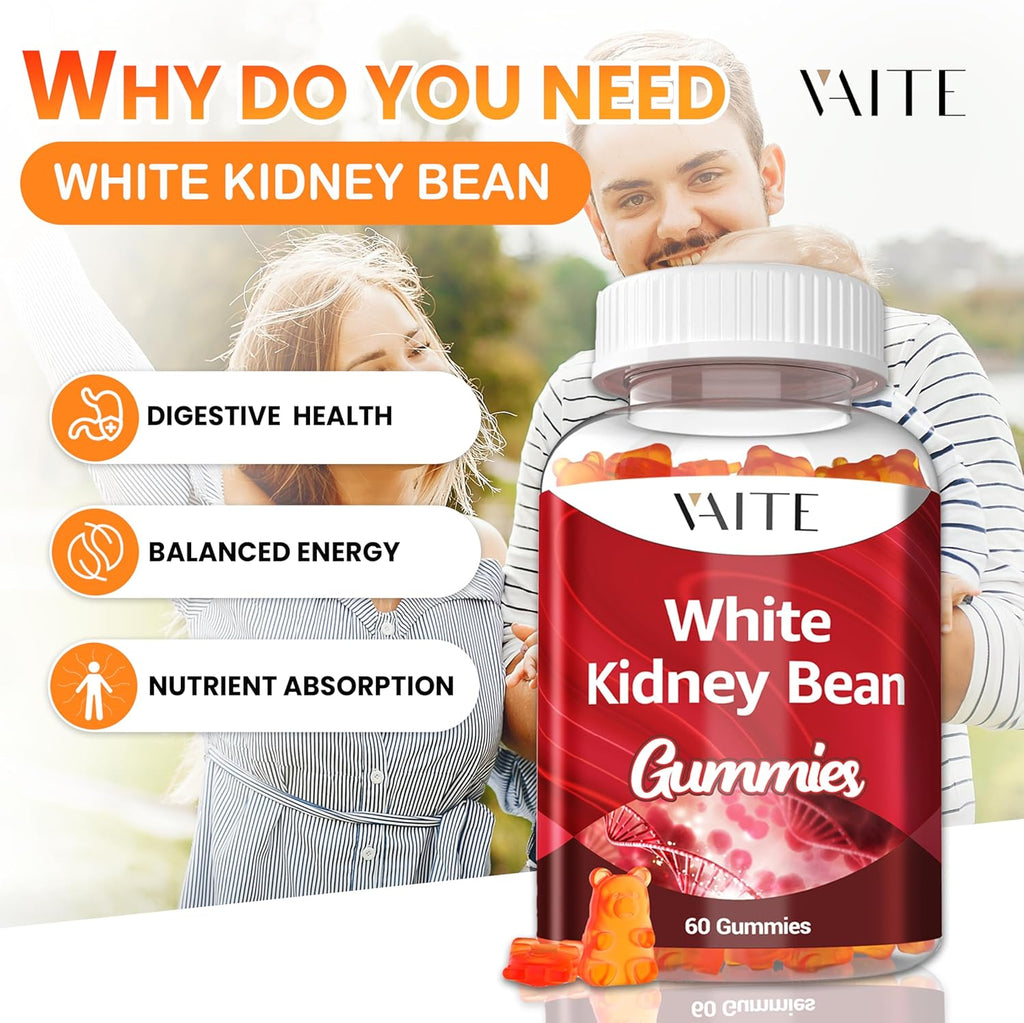 White Kidney Bean Extract 1000mg Supplement – Antioxidant Support & Daily Energy, Plant-Based Fiber from Kidney Beans, Vegan, Non-GMO, Gluten-Free, No Artificial Flavors, 60 Gummies for Men & Women