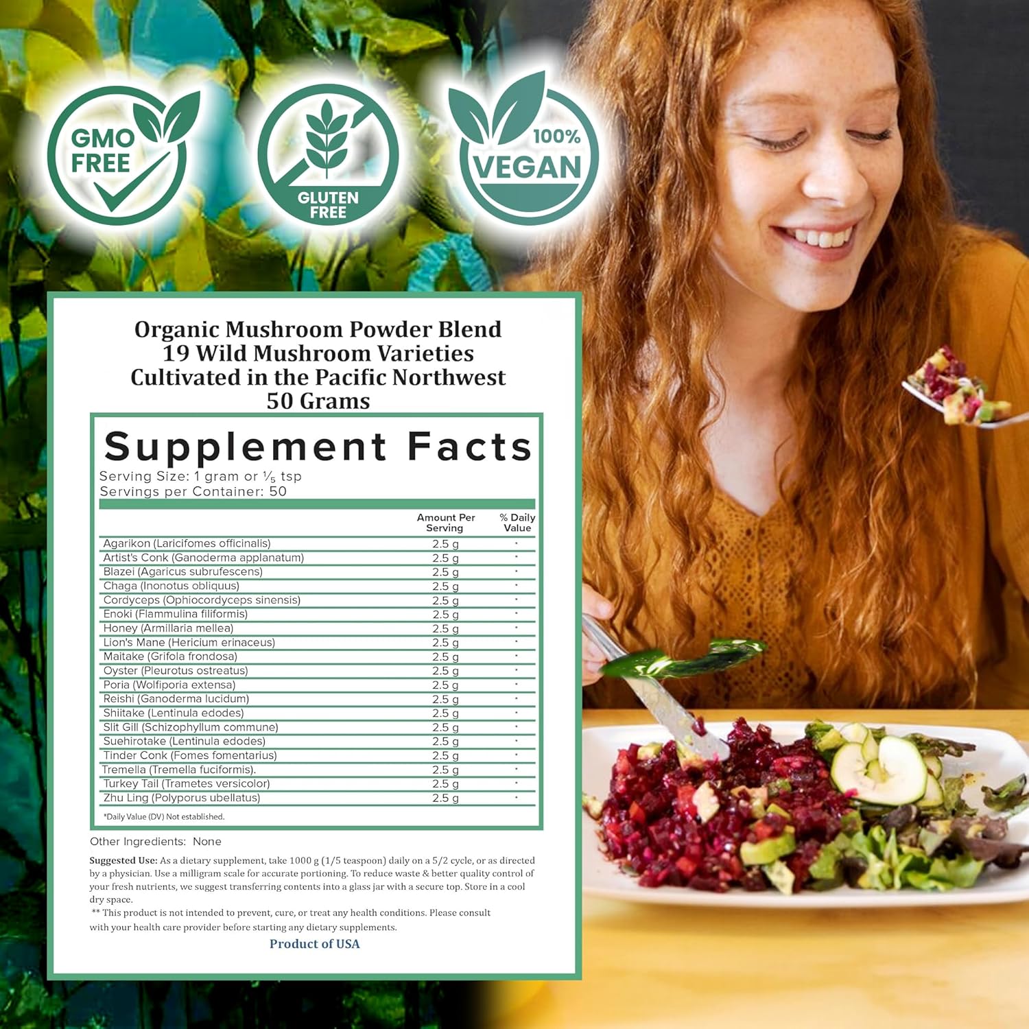 Holistic Bin Mushroom Blend Powder – 19 Wild Harvested Varieties (Lion's Mane, Reishi, Enoki, Mesima, Turkey Tail, Cordyceps, & More) – Adaptogenic Mushrooms – Made in The USA – 50 Grams